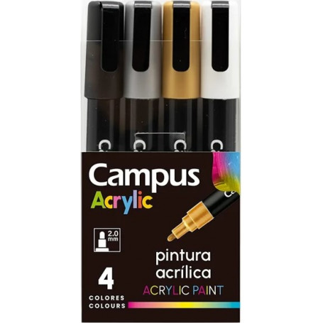 Перманентен маркер Campus Acrylic, 2,0 мм, 4 цвята металик, акрилен