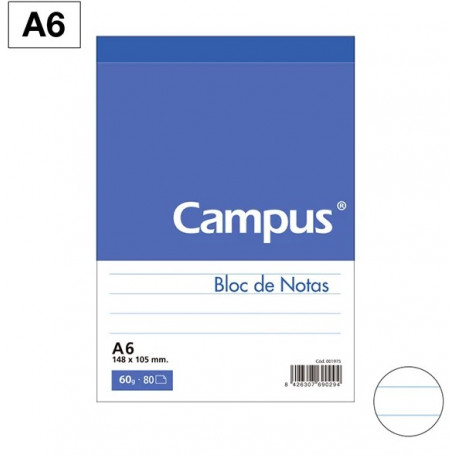 Бележник Campus А6, 80 л., бял, редове, лепен 020536