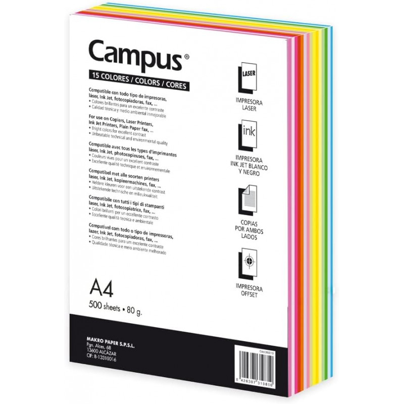 Цветна хартия А4, 80 г, 500 л, 15 ярки цвята 220171